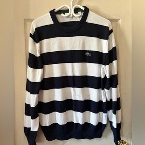 Lacoste Men's Navy and White Striped Crewneck Sweater